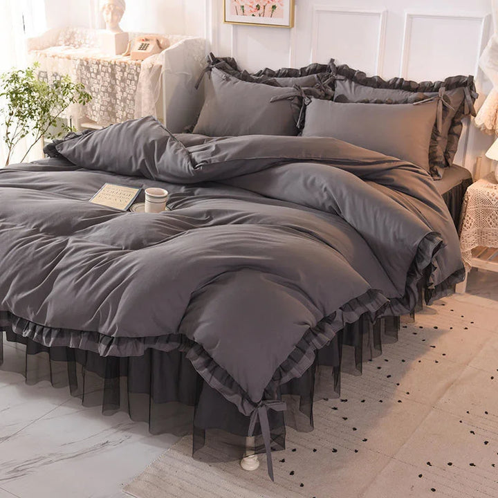 Rynx | Luxury Black Princess Bedding Sets Kawaii Bedskirt Sheets Pillowcase Fashion Girls Duvet Cover 4 Pieces Home Decor