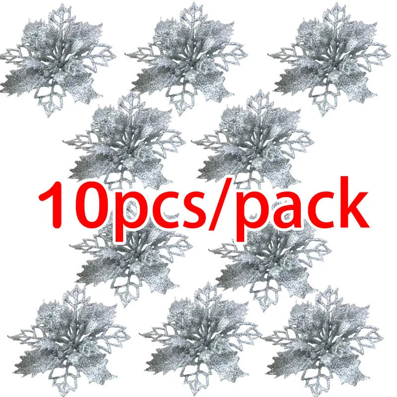 Rynx | (10 pieces) Artificial Christmas Tree Flowers Glitter Decorations Xmas Ornament New Year Gift