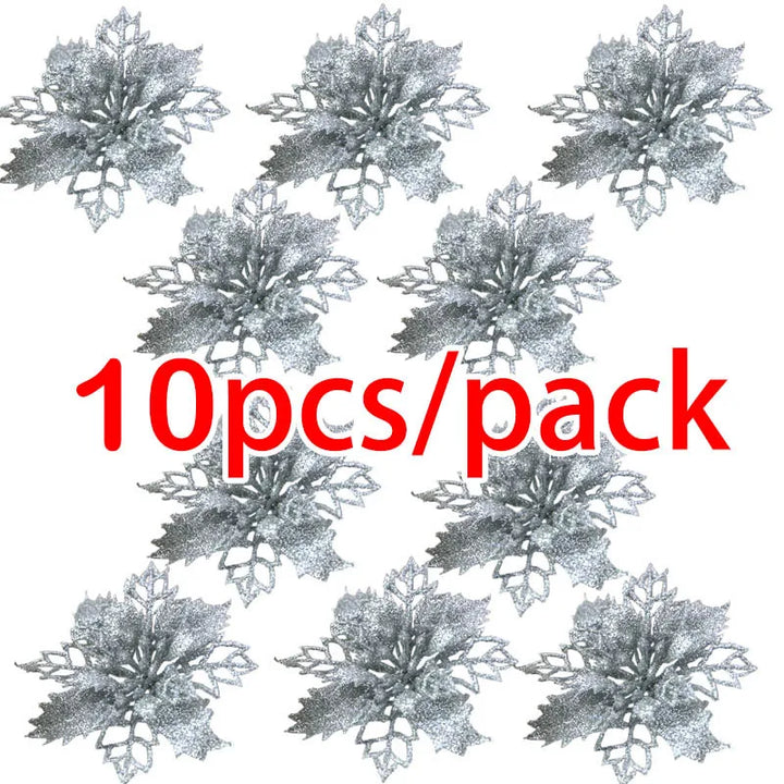 Rynx | (10 pieces) Artificial Christmas Tree Flowers Glitter Decorations Xmas Ornament New Year Gift