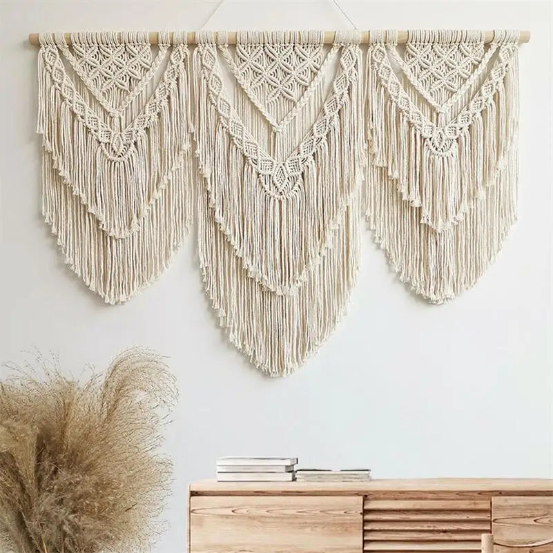 Rynx | Hand-knotted macrame tassel pendant wall hanging wall tapestry with wooden rod Hand-knotted Bohemia tassel curtain rug
