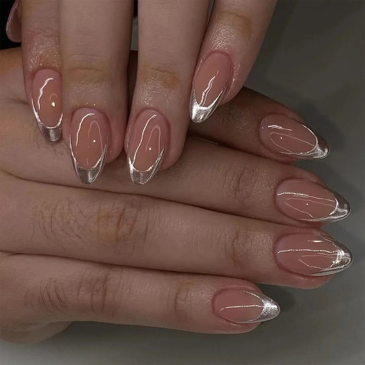 Rynx | Gold Metal French Nude Pink Nail Art Glitter Powder Fashion Artificial Nails Removable Pre-made Artificial Nails Press on Nails with Glue