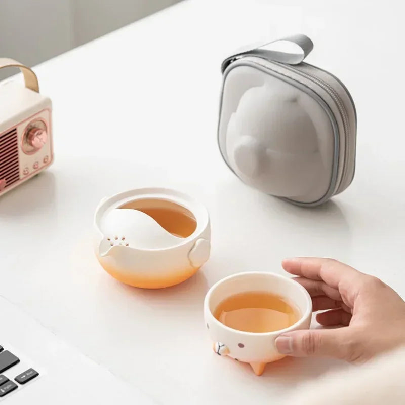 Rynx | Portable Travel Tea Cup Set Ceramic 160ml Camping Tea Set Sweet Dog Teapots Japanese Tea Culture with Storage Bag Travel Supplies