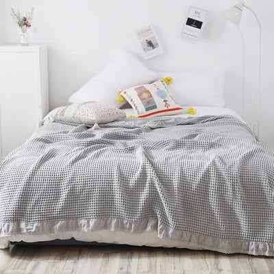 Rynx | 100% Cotton Soft Bed Plaid Home Japanese Knitted Blanket Corn Grain Waffle Texture Summer Ruffles Warm Plaid Throw Blanket