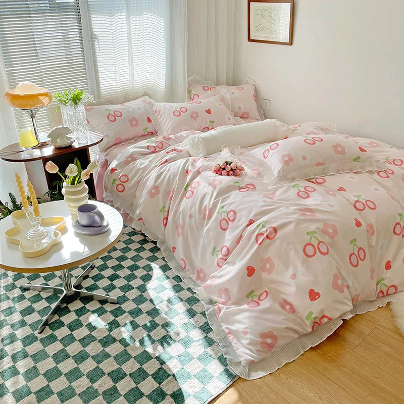 Rynx | Floral Style 100% Cotton Printed Soft Bed Linen Set Duvet Bedware Duvet Pillowcase Flat Sheet Comforter Set for Girls