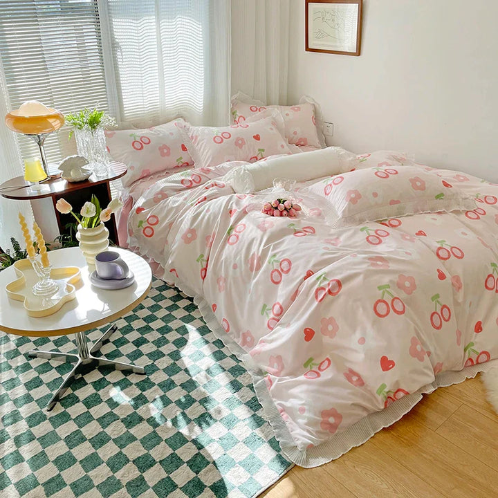 Rynx | Floral Style 100% Cotton Printed Soft Bed Linen Set Duvet Bedware Duvet Pillowcase Flat Sheet Comforter Set for Girls