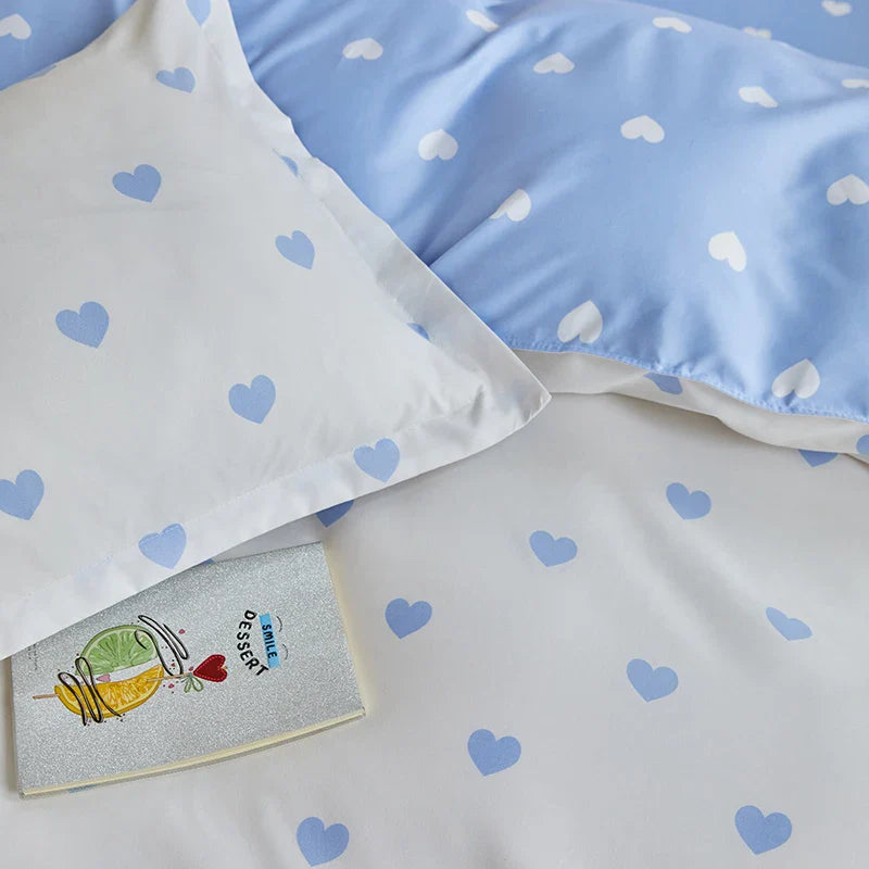 Rynx | Blue White Heart Duvet Cover Set INS Flat Sheet Pillowcase Floral Girls Adults Bedding Single Twin Queen Size Home Bed Linen