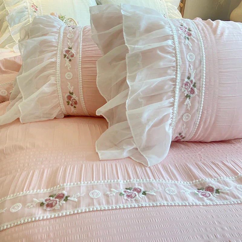 Rynx | Pink Korean Princess Style Lace Ruffle Wedding Bedding Set Seersucker Washed Cotton Soft Duvet Cover Set Bed Sheets Pillowcases