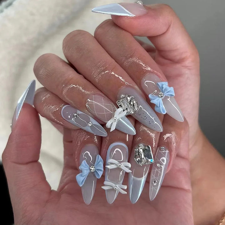 Rynx | Purple French Aurora Bow Flower Rhinestone Long Lace False Nails Removable Ready Artificial Nails Press-on Nails with Glue