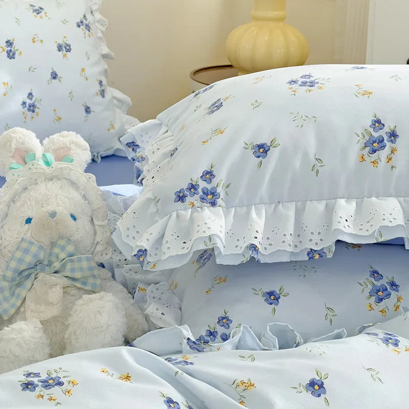 Rynx | In Style Floral Duvet Cover Set Flat Cover Pillowcases Without Filling Queen 200x230cm Romantic Girls Blue Bedding Flower Bedding