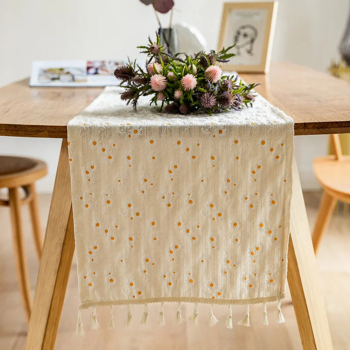 Rynx Korean Daisy Tassel Table Runner, Cotton Kitchen Table Cover Cloth Home Party Birthday Wedding Holiday Event Decoration