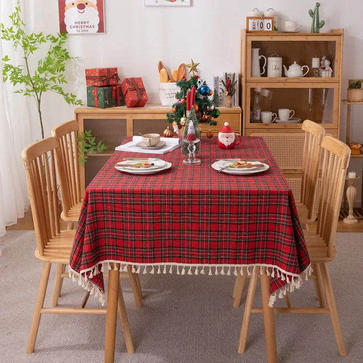 Rynx Christmas Grid Tablecloth with Fringes Rectangular Polyester Cotton Dustproof Table Surface Cover, for Home Celebration Birthday Decor