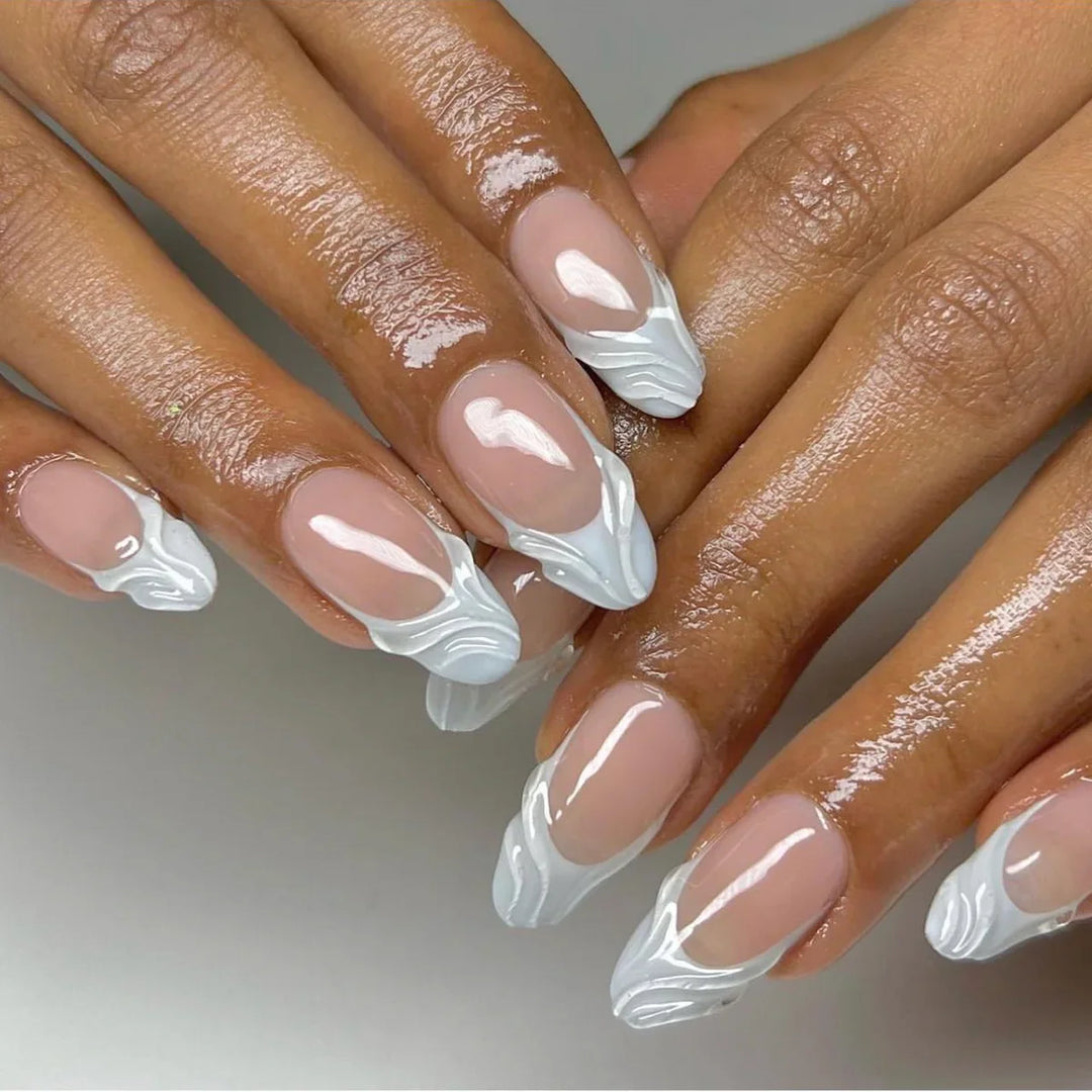 Rynx | 3D Water Wave Brown French Almond Shape Artificial Nails Fashion Easy Removable Finished Stick-On Fingernails with Glue