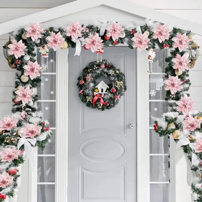 Rynx 5/10pcs Glitter Pink Christmas Flowers Xmas Tree 14cm Artificial Flowers Ornaments 2024 Christmas Decoration For Home New Year