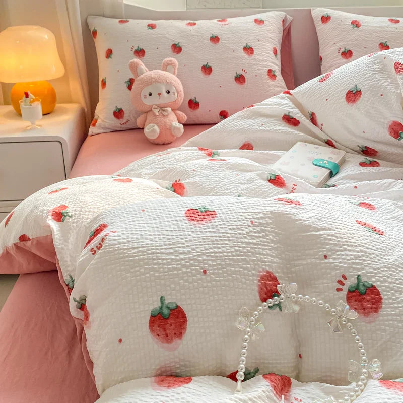 Rynx | In Pink Strawberry Sweet Bedding Set Cartoon Fruit Duvet Cover Soft Queen Full Size Flat Sheet Girls Comforter Pillowcase