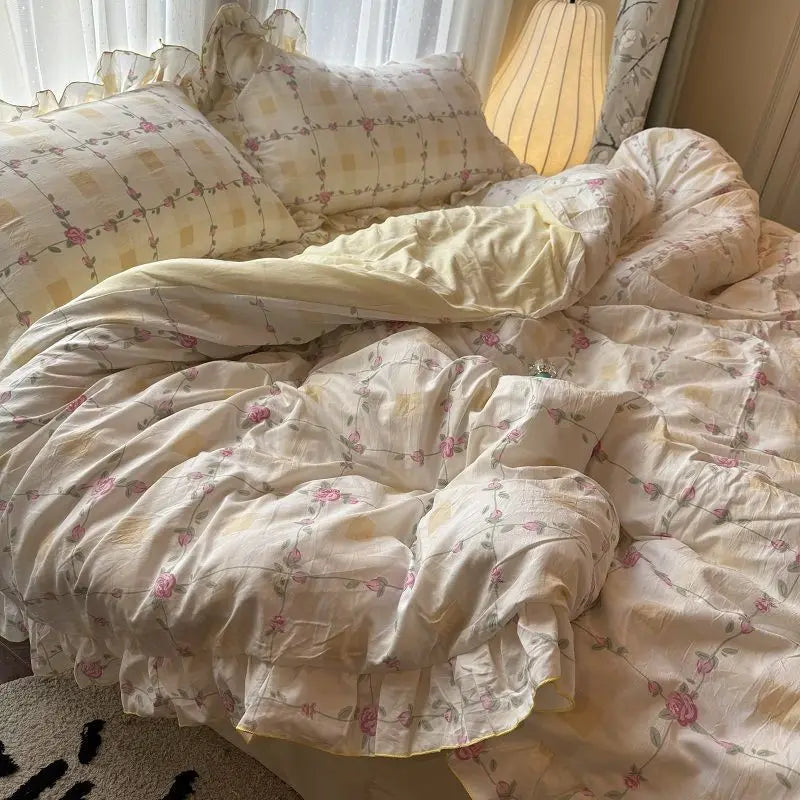 Rynx | Korean Princess Bedding Set Skin-friendly Washable Cotton Bedding Set of Four Pieces Lace Bedding Set Pillowcases Duvet Cover
