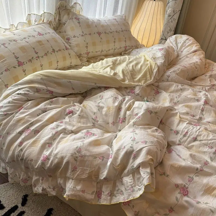 Rynx | Korean Princess Bedding Set Skin-friendly Washable Cotton Bedding Set of Four Pieces Lace Bedding Set Pillowcases Duvet Cover