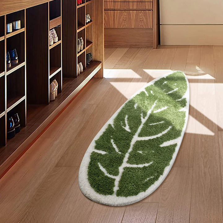Rynx | Green Leaf Shape Palm Tree Tufted Carpet Soft Plush Rug Doormat Nightstand Rug Room Decoration Non-Slip Absorbent Bathroom Mat