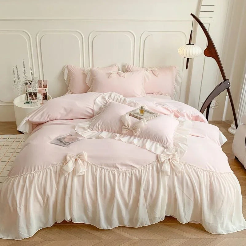 Rynx | Korean Princess Lace Bedding Set Beautiful Solid Color Lace Plush Duvet Cover Luxury Girls Wedding Home Textiles Bed Sheet Cover