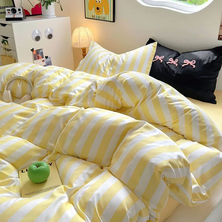 Rynx | Korean Bedding Set INS Girls Striped Soft Washed Cotton Bed Sheet Set Queen King Size Duvet Set Pillowcases Bed Linen