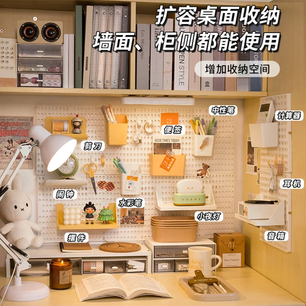 Rynx | Perforated Board Dormitory Wall Shelf Kawaii Home Decor No Drill Adhesive Student Study Wall Mounted Storage Shelf Organizer