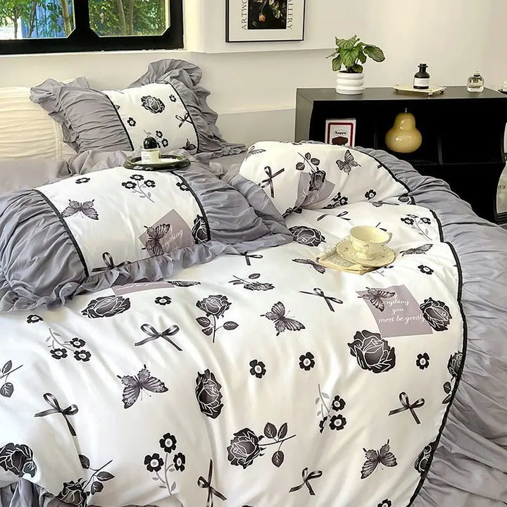 Rynx | French Retro Lightweight Luxury Washed Cotton Four-Piece Set Bedroom Lace Bedding Set Single Bedding Set Dorm Bedding
