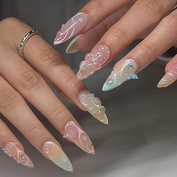 Rynx | 3D Flower Shell Water Drop Ripple Artificial Nails Black White Leopard French Removable Finished Artificial Nails Press on Nail with Glue