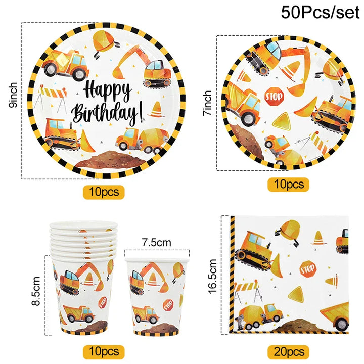 Rynx Construction Party Disposable Tableware Kids Boys Engineering Vehicle Theme Birthday Party Decorations Truck Balloon Supplies