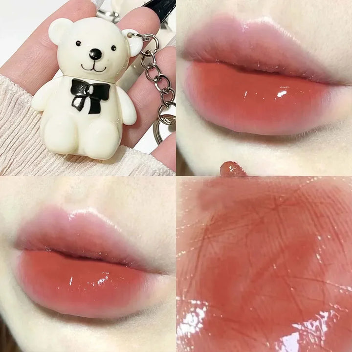 Rynx | Cute White Bear Keychain Glass Mirror Lipstick 6 Colors Sexy Jelly Red Liquid Lipsticks Waterproof Long-lasting Lip Lacquer Cosmetics
