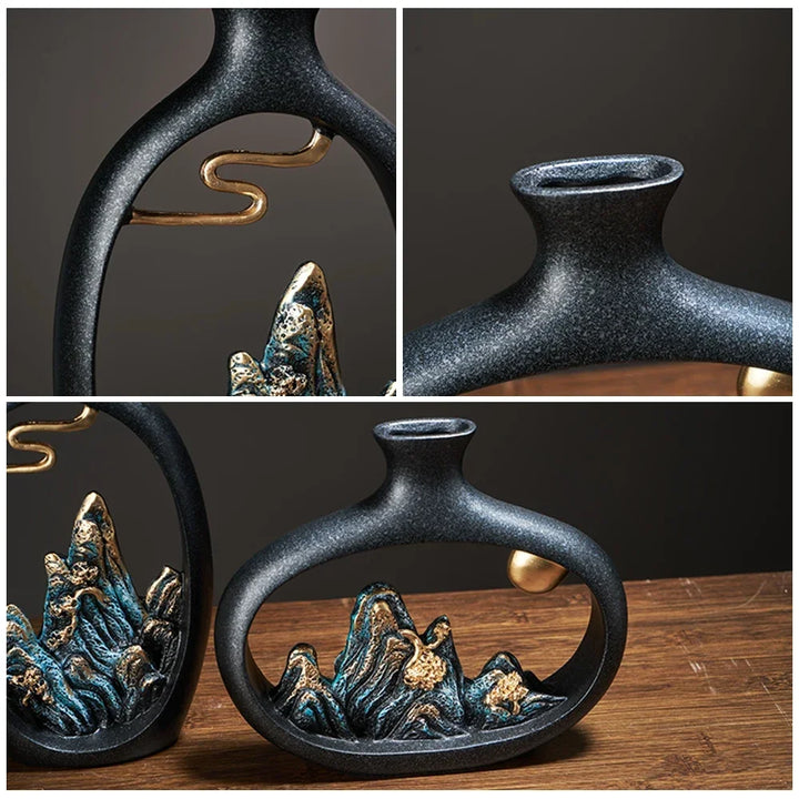 Lisslune | TranquilPeak – Artistic Ceramic Mountain Landscape Vase | Elegant Black Interior Decor