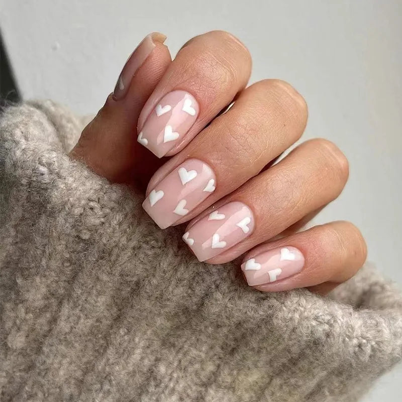 Rynx | Red Love Heart French Sweet Nail Art Nude Pink Artificial Nails Removable Finished Fingernails Valentine's Day Gift Press-on Nails With Glue