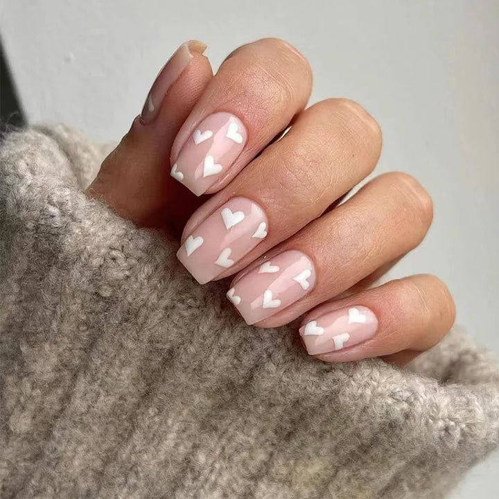 Rynx | Red Love Heart French Sweet Nail Art Nude Pink Artificial Nails Removable Finished Fingernails Valentine's Day Gift Press-on Nails With Glue