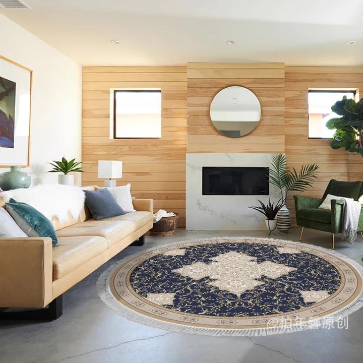 Rynx | French Retro Living Room Round Fringe Carpet Ethnic Style Bedroom Carpet Luxury Art Home Carpet Floral Geometric Plush Rugs Wallpaper