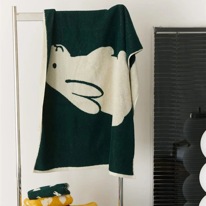 Rynx | A Pair of Bunny Patter Cotton Bath Towels Knitted Yarn Dyed Jacquard Soft Towels Absorbent Bathroom Towels 70*140cm Beach Towels