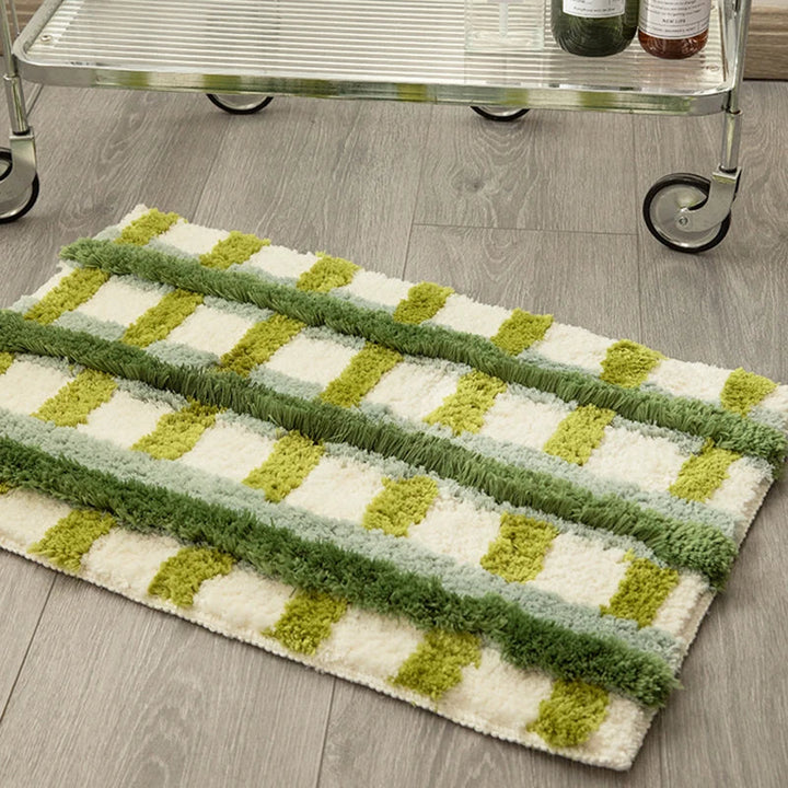 Rynx | Tufting Checks Bath Rug Chic Bathroom Rug Soft Fluffy Geometric Mat Carpet Floor Non-Slip Mat Aesthetic Home Space Green Decor