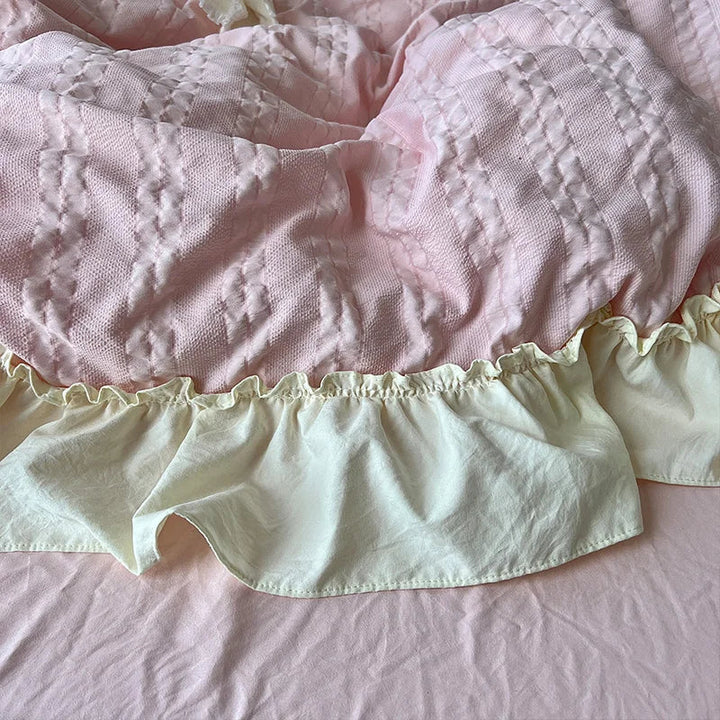 Rynx | Pink Korean Princess Style Lace Ruffles Bedding Set Skin-Friendly Seersucker Duvet Cover Set Fitted Sheet/Bed Sheet Pillowcases