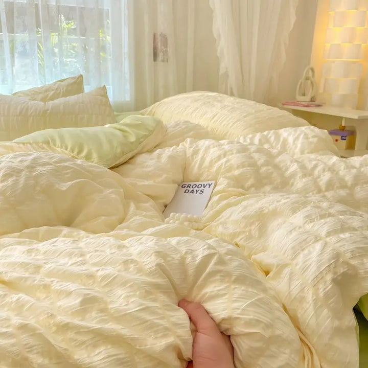 Rynx | Luxurious White Ruffled Seersucker Duvet Cover Soft Solid Color Bedding with Bed Sheet Pillowcases Twin Queen King Size