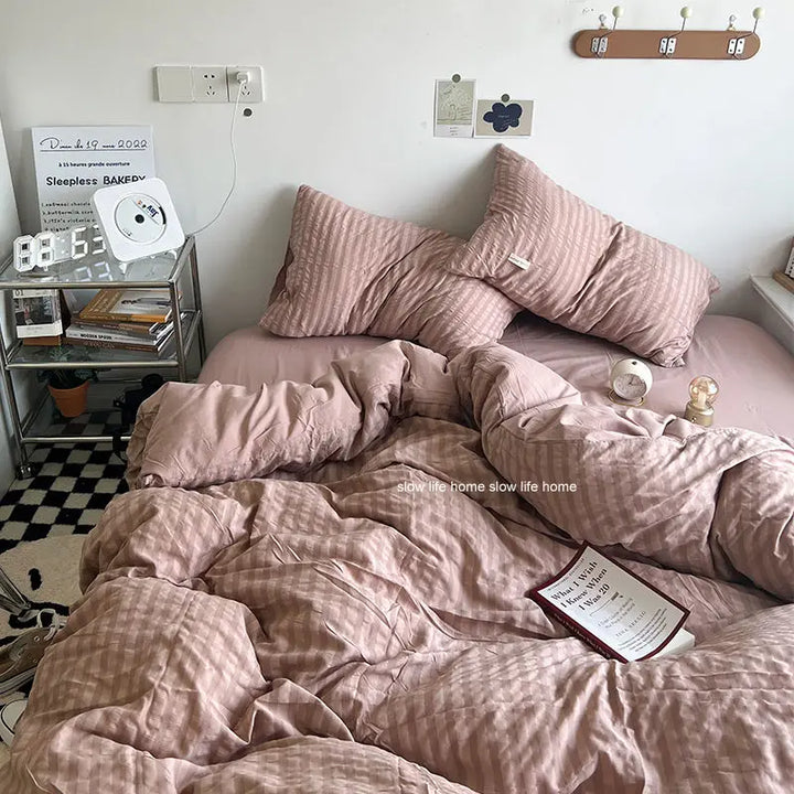 Rynx | Bedding Set Luxury High-Quality Lightweight Washable Cotton Waffle Four Pieces Olive Green Duvet Cover Bed Sheet Dormitory Three Pieces