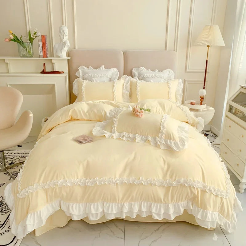 Rynx Elegant Lace Bedding Sets Luxury Bedding Princess Washed Cotton Ruffle Duvet Cover Bed Sheet and Pillowcases for Girls Luxury