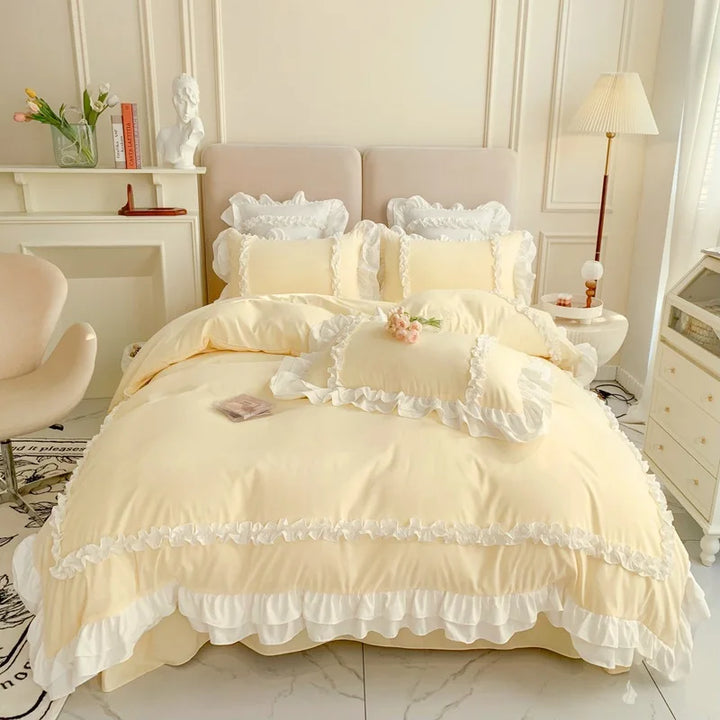 Rynx Elegant Lace Bedding Sets Luxury Bedding Princess Washed Cotton Ruffle Duvet Cover Bed Sheet and Pillowcases for Girls Luxury