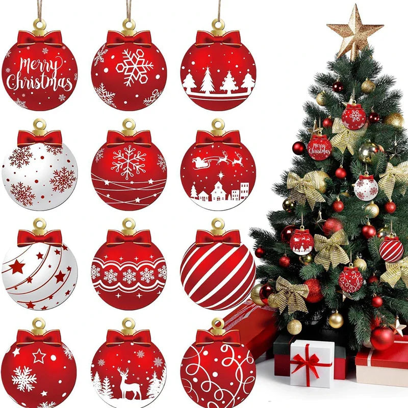 Rynx 12 Piece Wooden Christmas Ball Ornaments Xmas Tree Hanging Decoration DIY Craft Joy Christmas Decoration For Home 2025 New Year Gift