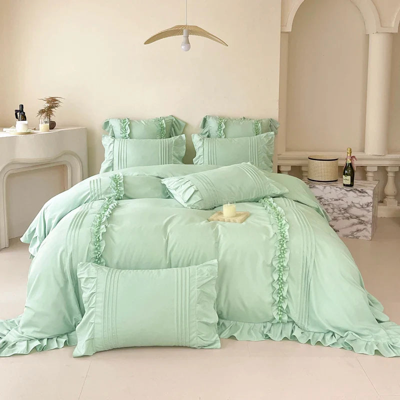 Rynx | Korean Princess Style Lace Ruffle Bedding Set Solid Color Duvet Cover Set Flat/Fitted Sheet Pillowcases with Pillow Covers