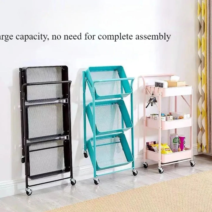Rynx | Folding Storage Cart Shelf Kitchen Bathroom 3-tier Snack Shelves Bedroom Mobile Cart Storage Rack Organizer Cart