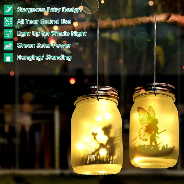 Lisslune | Glass Fairy Lamp - Solar Mason Jar Lantern, IP65 Waterproof Outdoor Hanging Light
