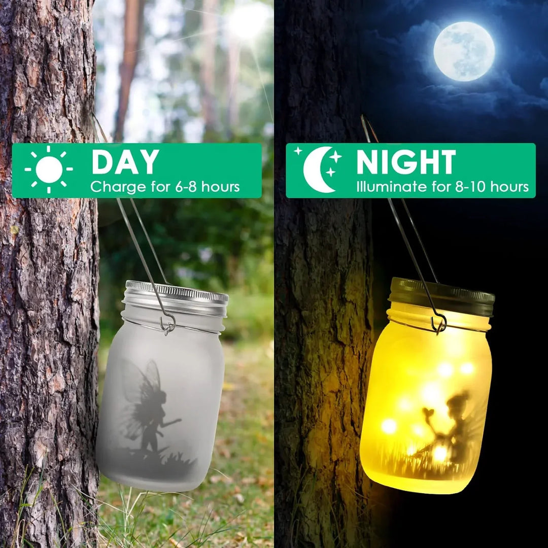 Lisslune | Glass Fairy Lamp - Solar Mason Jar Lantern, IP65 Waterproof Outdoor Hanging Light