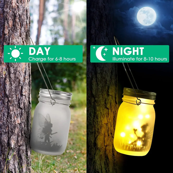 Lisslune | Glass Fairy Lamp - Solar Mason Jar Lantern, IP65 Waterproof Outdoor Hanging Light