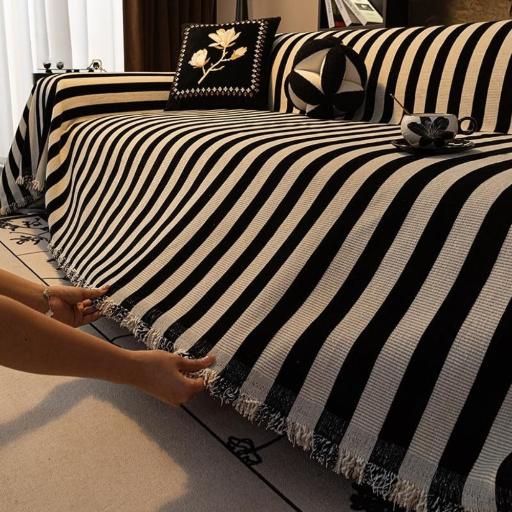 Lisslune | Striped Chenille Black White Sofa Cover