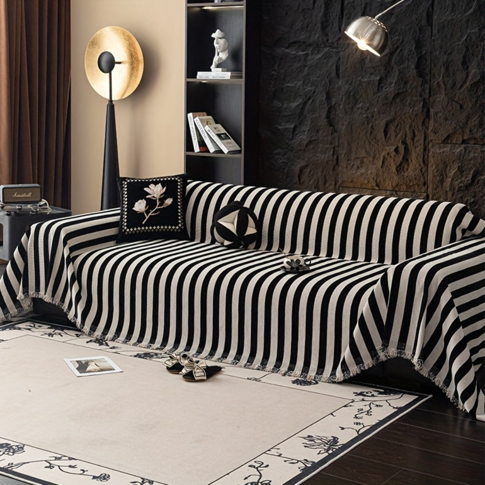 Lisslune | Striped Chenille Black White Sofa Cover