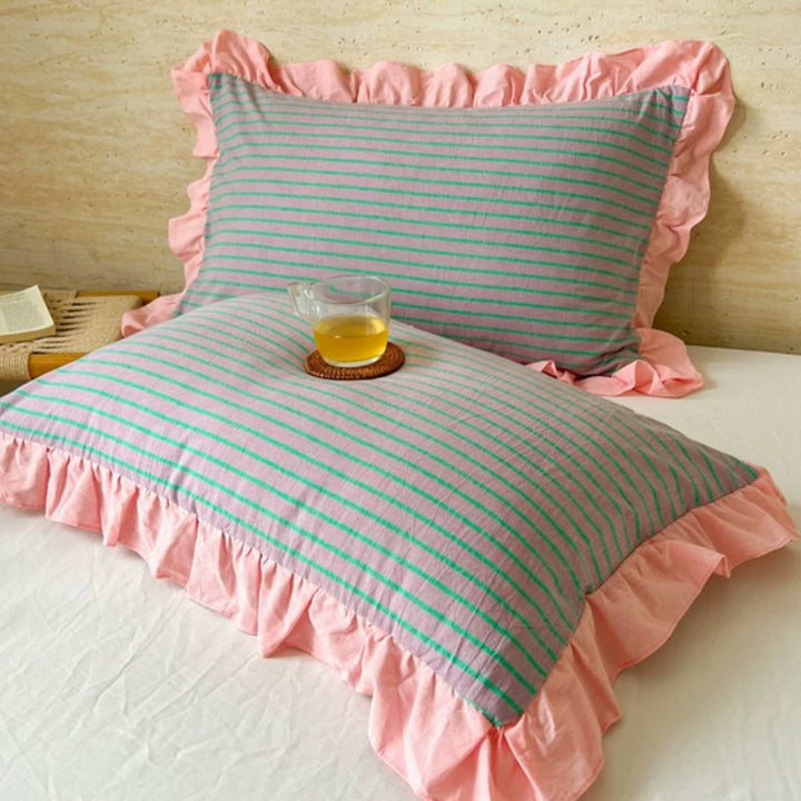 Lisslune | Striped Ruffled Lace Pillowcases in Multiple Colors