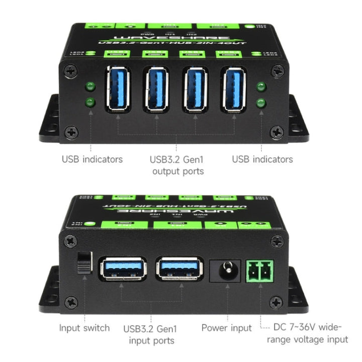 Lisslune | Waveshare 23929 USB HUB, expansion of 4 X USB 3.2 ports, switchable dual hosts, multiple protective measures