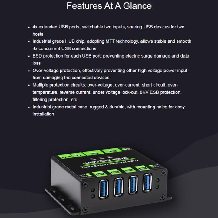 Lisslune | Waveshare 23929 USB HUB, expansion of 4 X USB 3.2 ports, switchable dual hosts, multiple protective measures